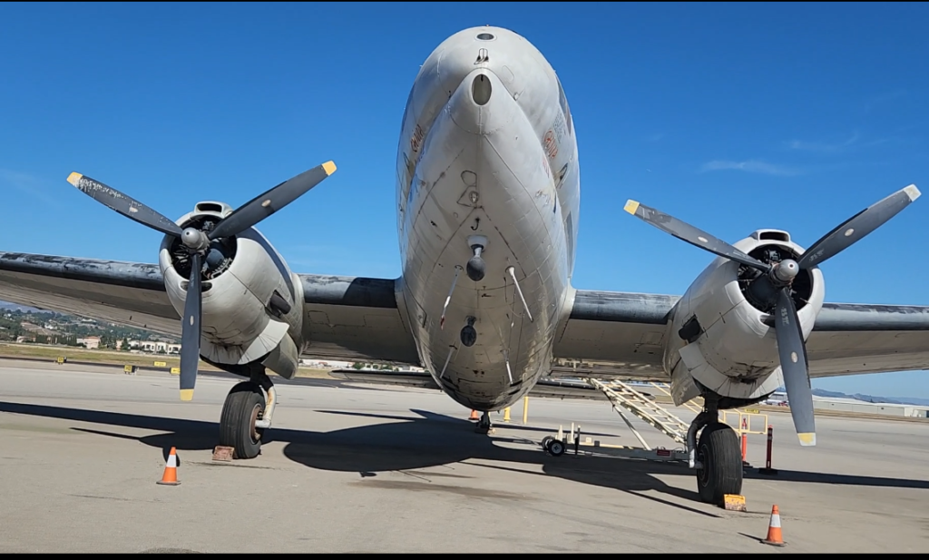 The nose of a Curtis C-46 Commando from the ground.